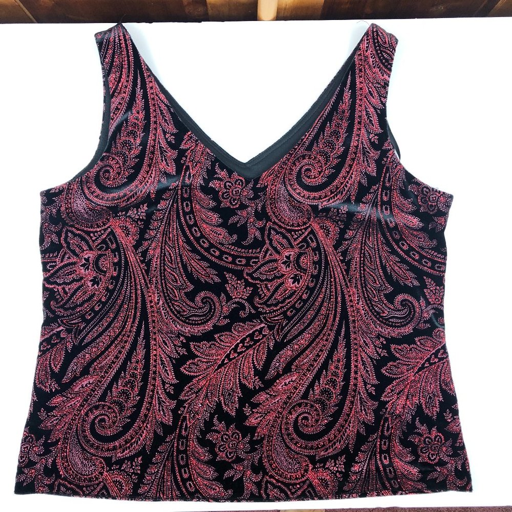 Draper's and Damon's Burnout Velvet Shimmery Paisley Evening Sleeveless Top Glam